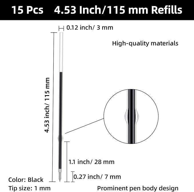 4.53 Inch Retractable Ballpoint Pen Refills, 1 mm Medium Tip Ink Pen Refills - Image 2