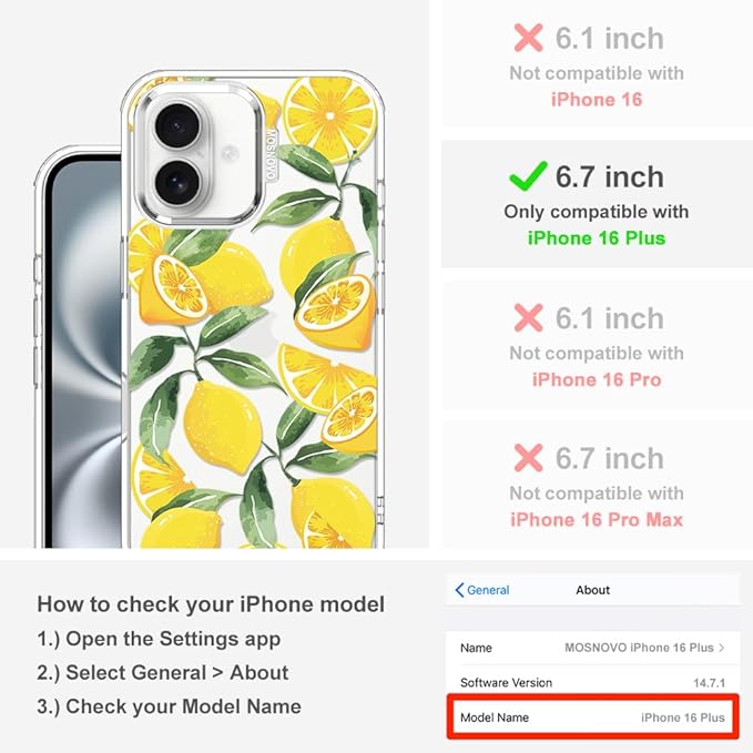 MOSNOVO Case for iPhone 16 Plus, [Buffertech 6.6ft Military-Grade Drop Protection] [Anti Peel Off Tech] Clear TPU Bumper Phone Case Cover Design - Lemon-DeskLoop Office