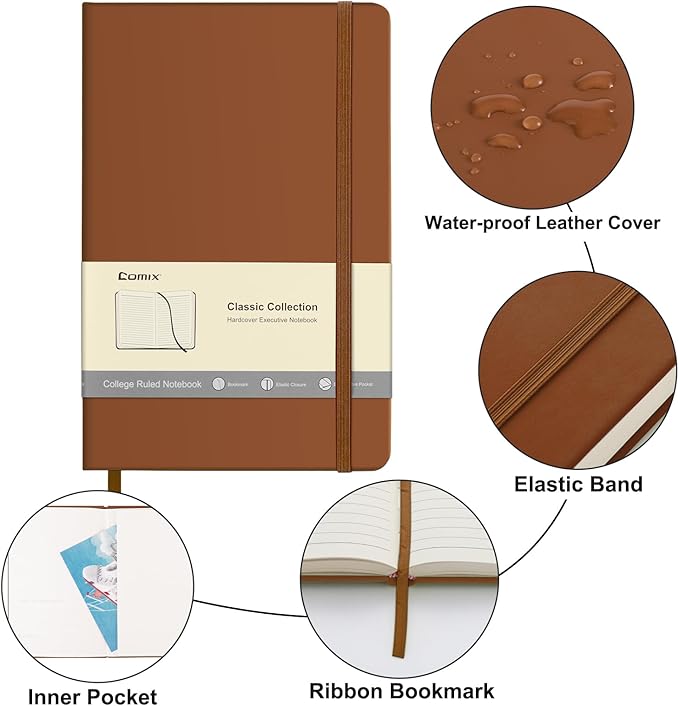 Comix 6 Pack Lined Journal Notebooks for Work, 240 Pages, 5.5"x8.3", Brown, Hardcover, A5 Medium College Ruled, Journaling Notebooks for Notes-taking, Fits for Office School Home-DeskLoop Office