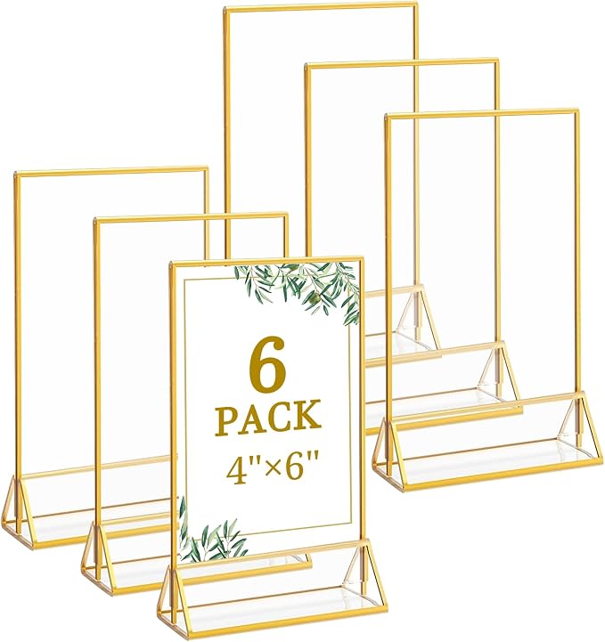 Floroom 6 Pack 4x6 Inch Clear Acrylic Sign Holders, Double-Sided Gold Display by Floroom