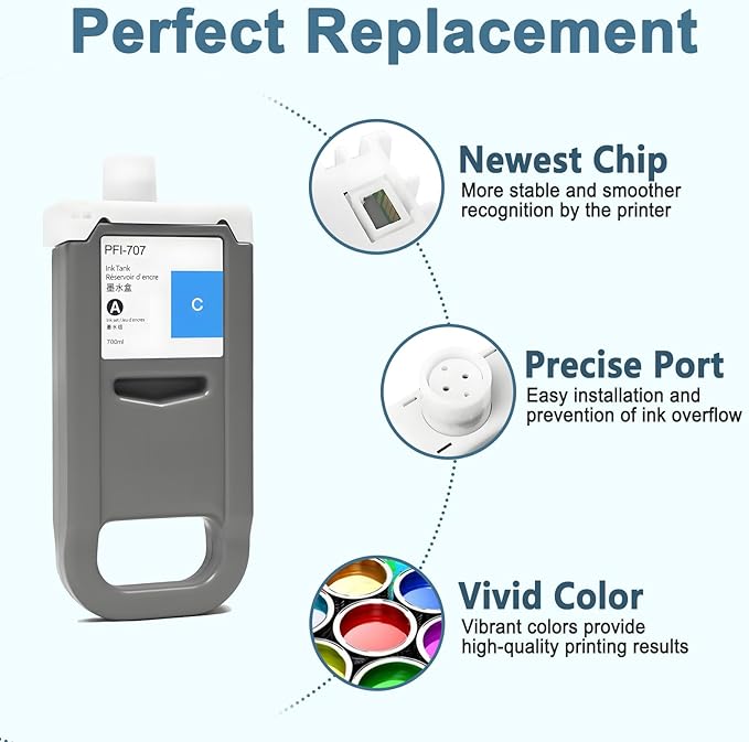 PFI-707 Ink Cartridge PFI707 Ink Tank Compatible with Canon imagePROGRAF PF830, iPF840, iPF850 CAD Plotters 700 ML (1-Pack, Cyan)-DeskLoop Office