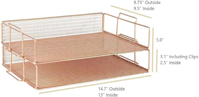 BLU MONACO | Rose Gold Mesh Paper Tray Set of 2 | Stackable Letter Trays - Image 6