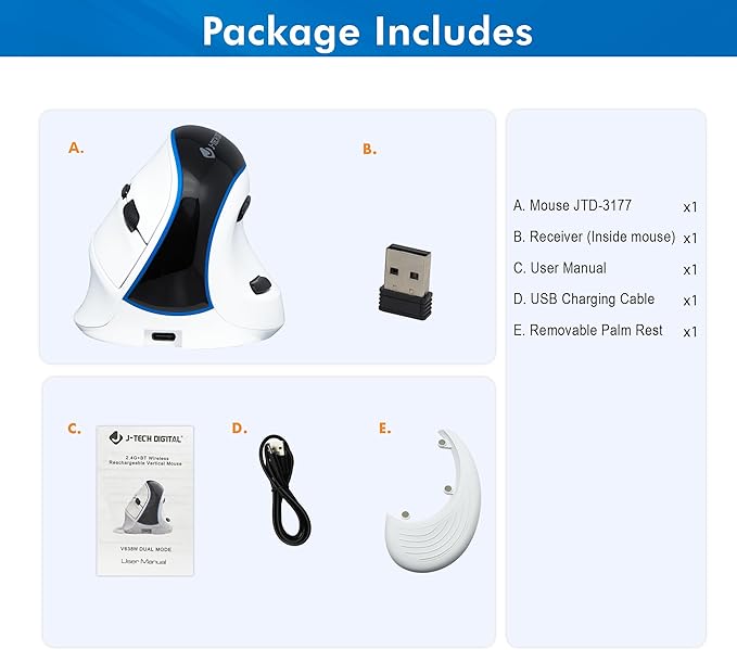 J-Tech Digital Wireless Mouse, Vertical Ergonomic Mouse with Bluetooth Dual Modes + USB Dongle + Rechargeable w/ 2.4GHz Wireless + Adjustable DPI 3200 for Laptop, Desktop, PC, Mac [V638W], White-DeskLoop Office