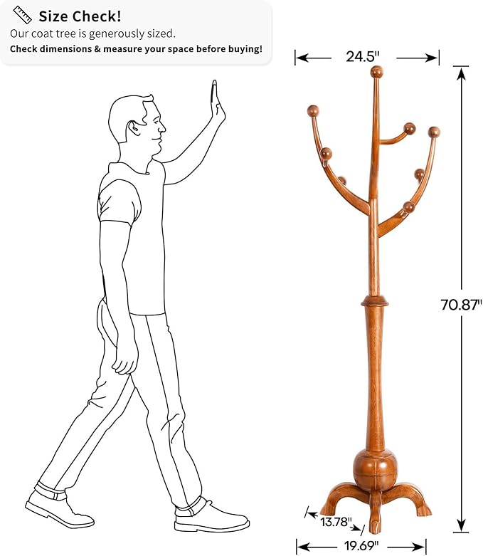 Coat Rack Freestanding Wood Tree Rack with 8 Hooks, Creative Design Tree Branch-look, Coat Tree Clothes Hanger Stand with Stable Sphere Base for Entryway, Hallway, Bedroom - Load 160lbs (Light Brown)-DeskLoop Office