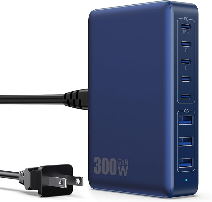 USB C Charger 300W USB C Charger Block 8-Ports GaN IV Fast Charging Station,PD 100W Laptop Charging Hub Wall Charge Adapter Compatible with MacBook/Air,DELL,Steam Desk,iPhone 16/15/14,Galaxy-DeskLoop Office