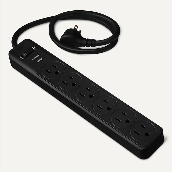 Amazon Basics Rectangle 6-Outlet, 600 Joule Surge Protector Power Strip, 2ft, Black, Small, 2-Pack-DeskLoop Office