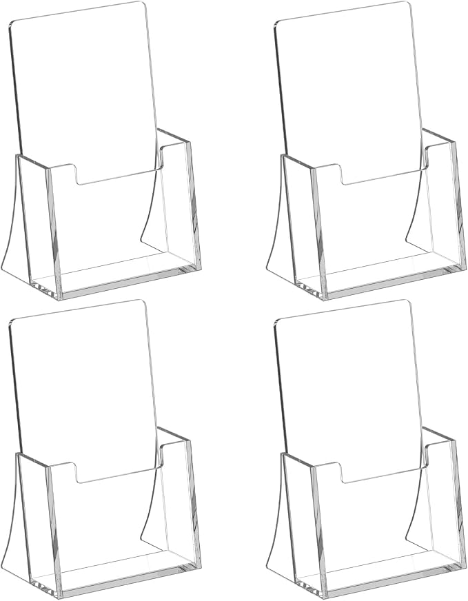 Acrylic Brochure Holder 4 Inch, 4 Pack Clear Brochure Display Stand, Plastic by SUNQEBO