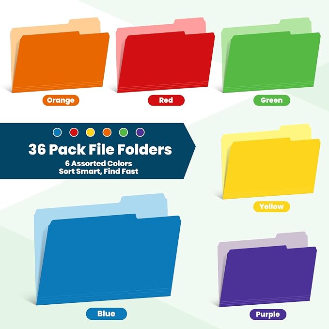 36 Pack Two-Tone Color File Folders, Bulk1/3-Cut Tabs Letter Size Files Folders - Image 2