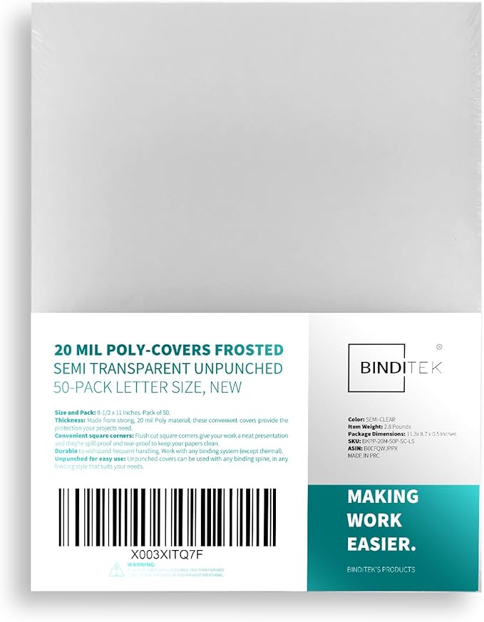 Binditek 50 Pack 20 Mil Frosted Polycover, Semi-Transparent Binding Covers by Binditek