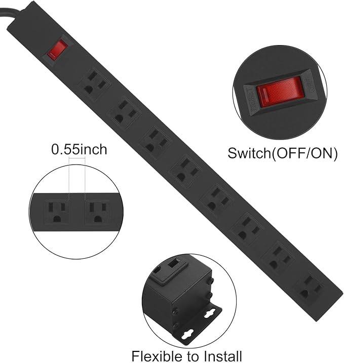 HHSOET Metal Wide Spaced Power Strip, 8 Outlets, Black, 1200J Surge Protector, 15A, 125V, 60Hz, 1875W-DeskLoop Office