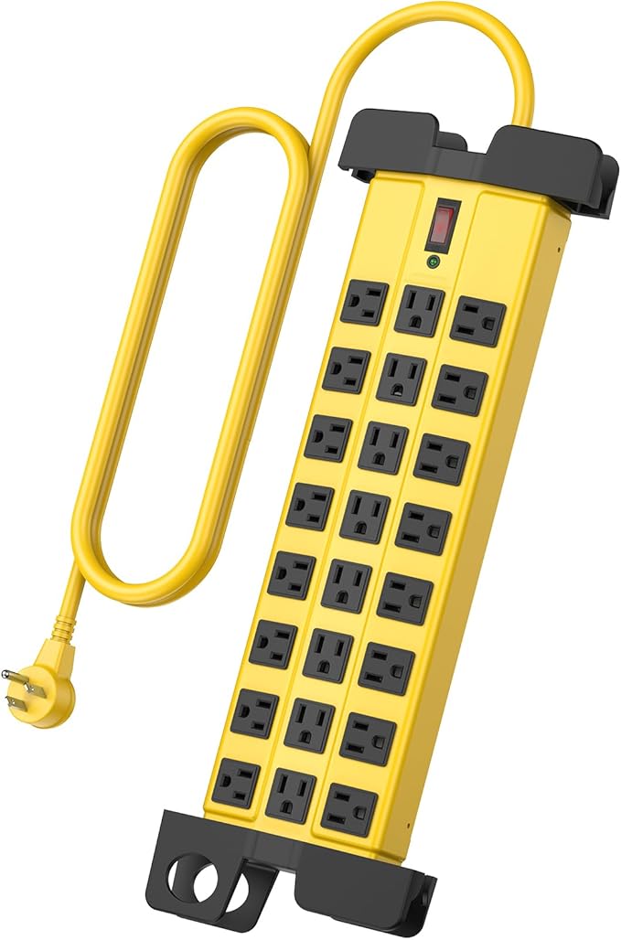 HHSOET Heavy Duty Power Strip with Surge Protection, Industrial Commercial Metal 24 Outlets Wall Mount for Garage Shop, 15 Amp, Switch, 6FT Extension Cord, Yellow.-DeskLoop Office
