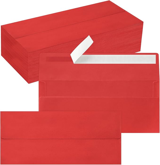 100 Pack #10 Business Envelopes, Self Seal Standard Christmas Red Envelopes by QIKSION