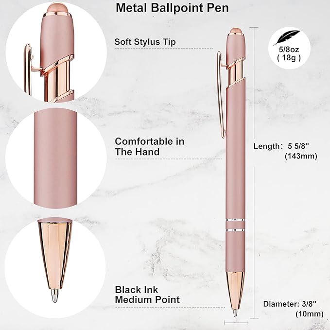 LINFANC 12 Pack Rose Gold Ballpoint Pen with Stylus Tip, 1.0 mm Black Ink Smooth Writing Pens, Metal Stylus Pens for Touch Screens-DeskLoop Office