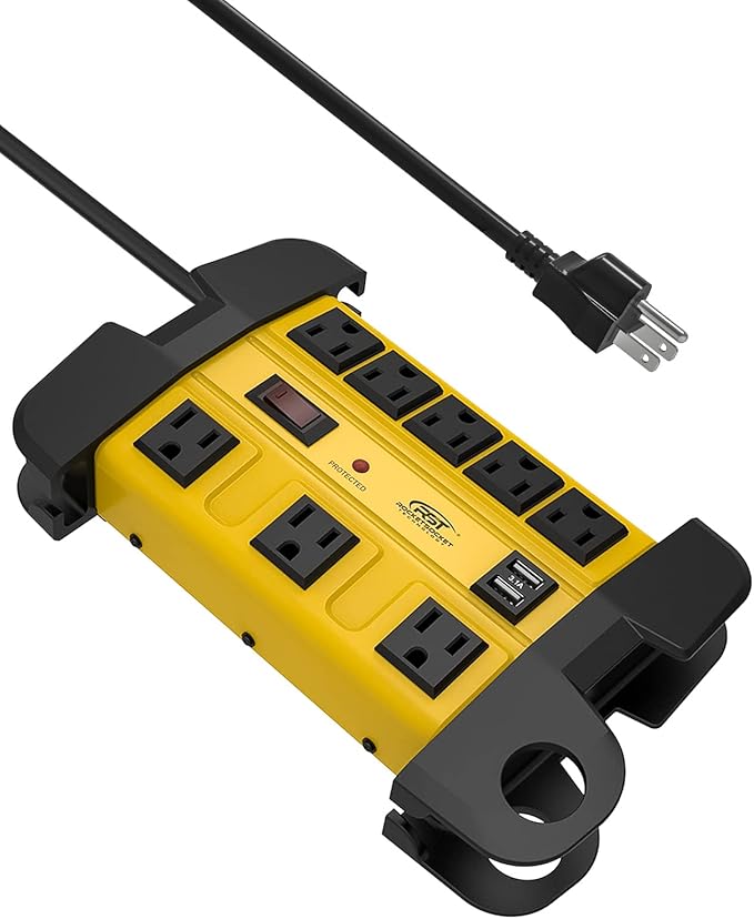 Heavy Duty Surge Protector Power Strip with 2 USB Ports, CRST 8-Outlet Metal Industrial Power Block with 15A Circuit Breaker, 6ft Extension Cord, 1350 Joules for Workshop, Garage, Office, Shop…-DeskLoop Office