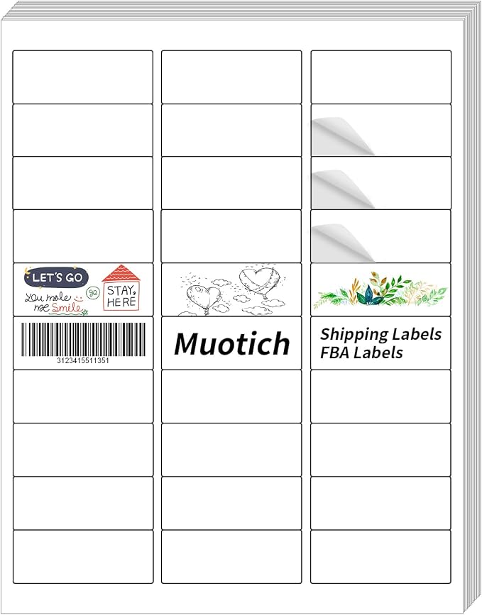 1" x 2-5/8" White Blank Printable Shipping Label, 500 Sheets 15000 Labels by Muotich