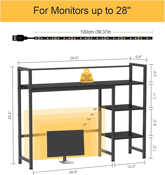Snughome Desk Shelf with LED Strip, 38.6" Desktop Organizer Shelf, Desk Hutch - Image 3