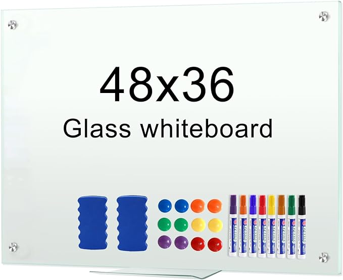H-Qprobd Dry Erase White Board 48"x36" Glass Magnetic Whiteboard for Wall, Includes 12 Magnets, 8 Markers and 2 Erasers-DeskLoop Office