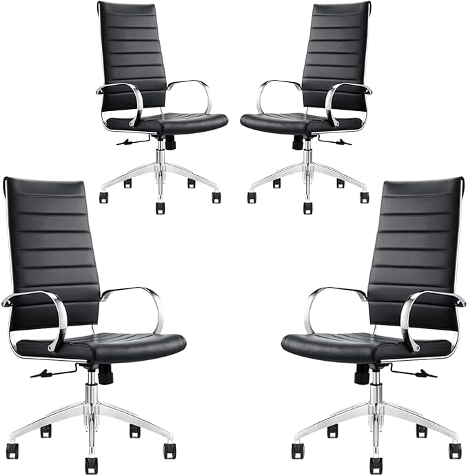 Ribbed High Back Conference Room Chairs- Lumbar Support, Modern Style Executive Chair for Home and Office - 360 Swivel Rolling Wheels - Aluminum Chrome Frame & Base - Black (Pack of 4)-DeskLoop Office