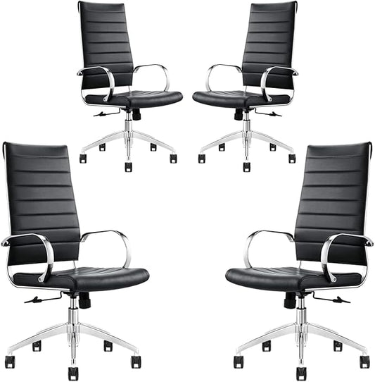 Ribbed High Back Conference Room Chairs- Lumbar Support, Modern Style Executive Chair for Home and Office - 360 Swivel Rolling Wheels - Aluminum Chrome Frame & Base - Black (Pack of 4)-DeskLoop Office