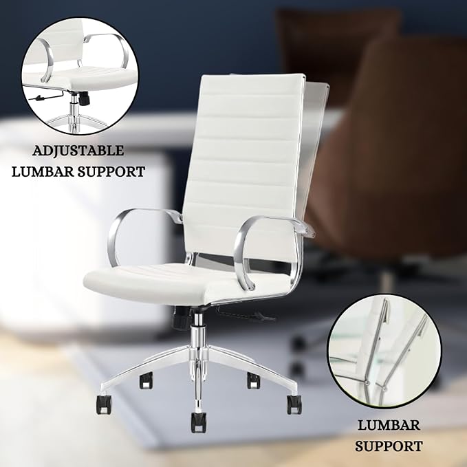 Ribbed High Back Conference Room Chairs - Lumbar Support, Modern Style Executive Home Office Chair - 360 Swivel Rolling Wheels - Aluminum Chrome Frame & Base- White Office Chair (Pack of 1)-DeskLoop Office