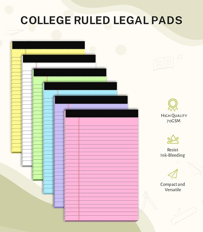 Small Legal Pads 5x8 Colored, 6 Pack Note Pads 5x8, Perforated Pink Legal Pad - Image 2