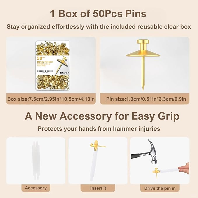 50pcs Gold Thumb Tacks for Picture Hangers - Heavy Duty Push Pins, Double Headed Thumbtacks for Hanging, Metal Wall Tacks, Pins, Nails, Hooks (Gold)-DeskLoop Office