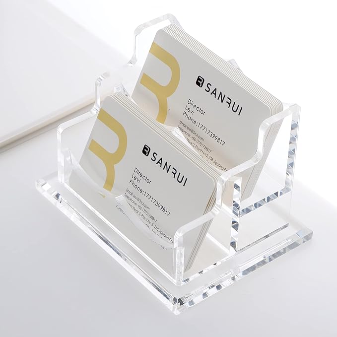 SANRUI Clear Horizontal Business Card Holder Stand for Desk, Acrylic Desktop Display Name Cards Holders Organizer Storage Rack,for Exhibition, Home , Office ,2 Tier 2 Pocket , 120 Card Capacity-DeskLoop Office