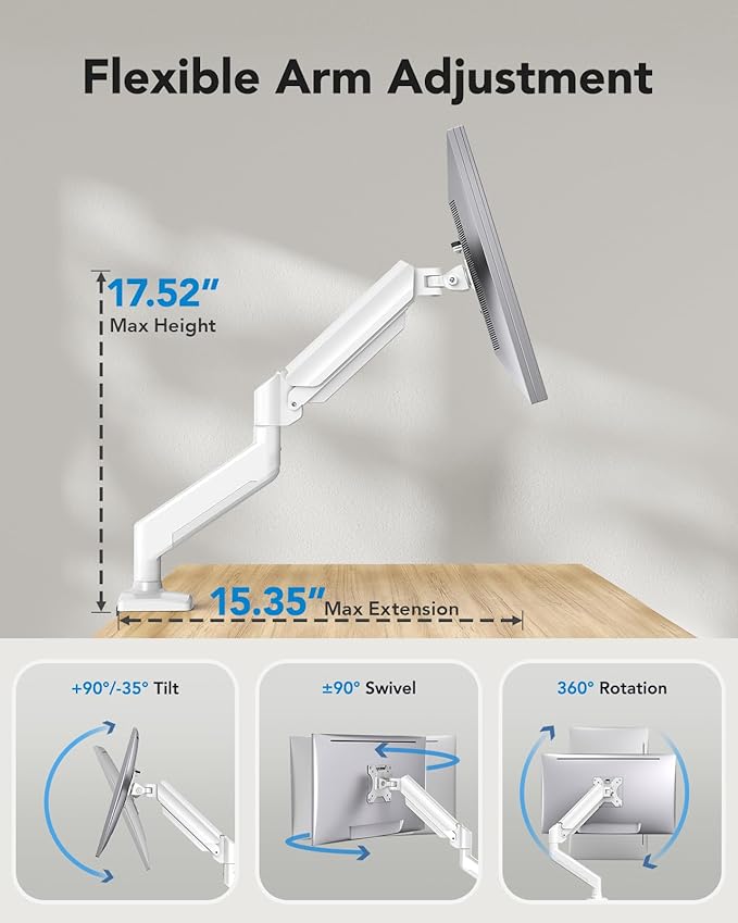 HUANUO Single Monitor Arm 13-34 Inch, Adjustable Gas Spring Arm, Monitor Desk Mount for 4.4-22lbs, VESA 75/100mm with C-Clamp/Grommet Base, Ergonomic Stand for Work/Gaming-DeskLoop Office
