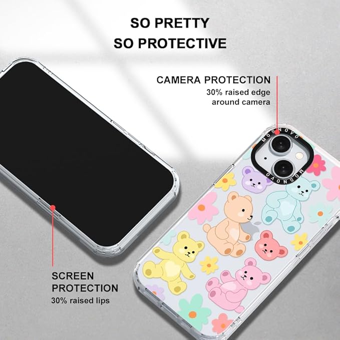 MOSNOVO Case for iPhone 15, [Buffertech 6.6ft Military-Grade Drop Protection] [Anti Peel Off Tech] Clear TPU Bumper Phone Case Cover Design - Cute Teddy Bear-DeskLoop Office