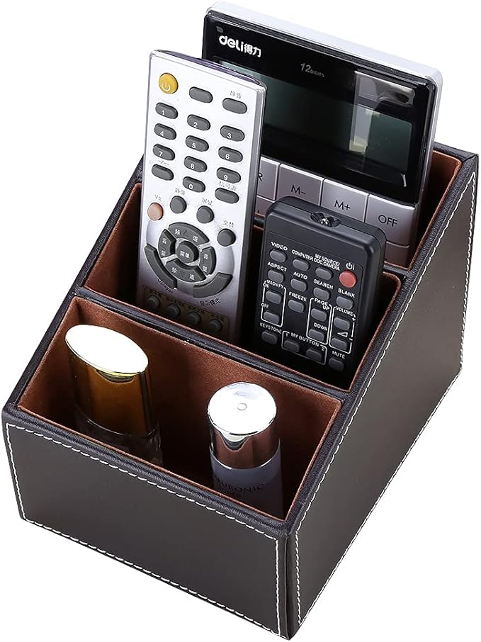 KINGFOM Remote Control Holder with 3 Compartments, Pu Leather Remote Caddy Desktop Organizer for TV, CD, Blu-Ray, Media Player, Heater Controllers and Cosmetics Office Supplies(Brown)-DeskLoop Office