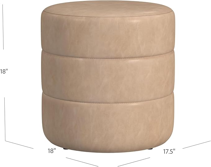 HomePop Upholstered Faux Leather Round Ottoman Home Décor|Foot Rest Ottoman- Sand Faux Leather-DeskLoop Office