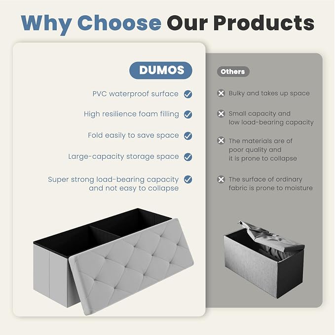DUMOS 43 Inch Folding Storage Ottoman Bench, Large Storage Chest withThicker - Image 7
