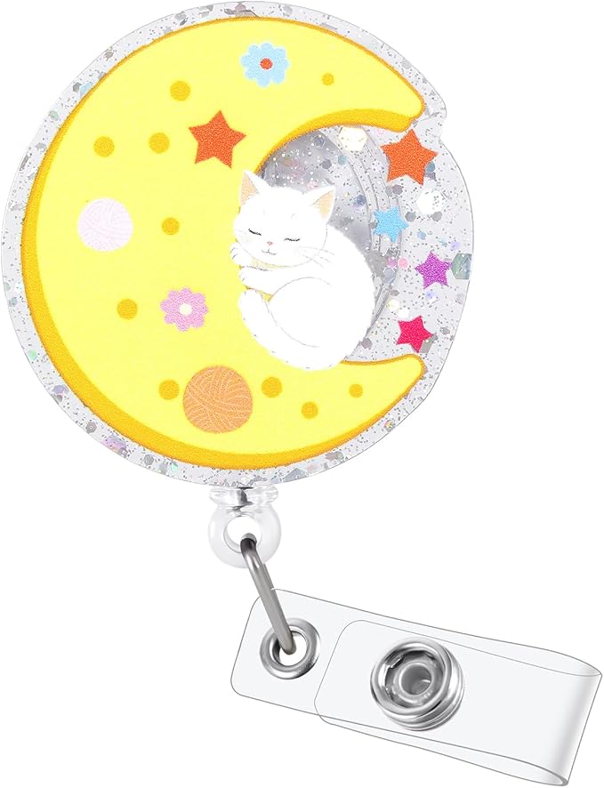 Funny Crescent Sleeping Cat Moon Nurse Badge Reel, Cute Retractable ID Badge by Unknown