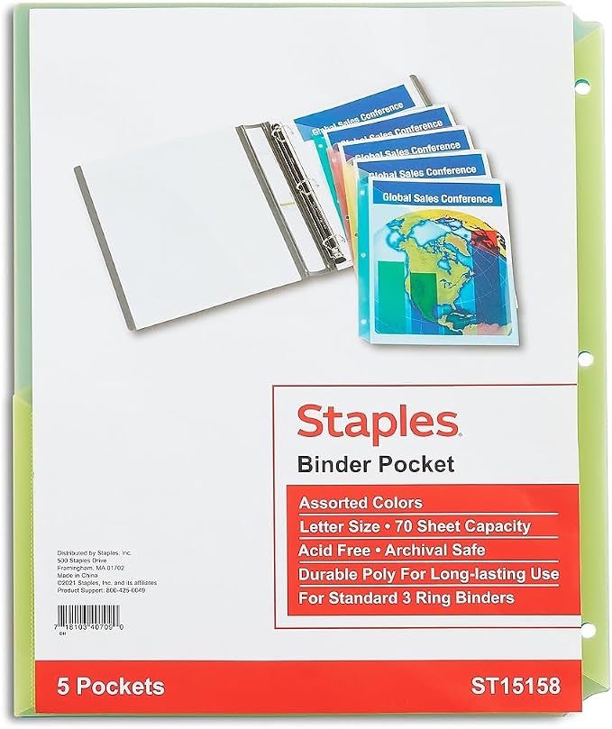 Staples Poly Binder Pockets, 3-Hole Punched, Durable Plastic Sheet Protectors by Staples