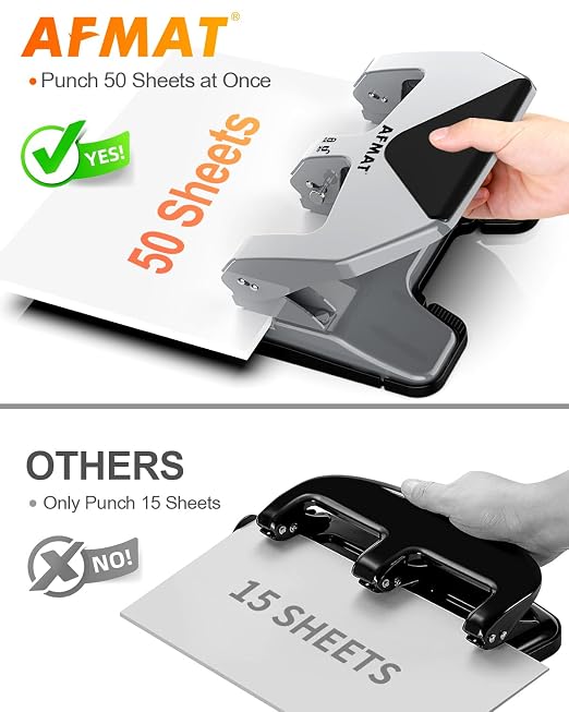 AFMAT 3 Hole Punch Heavy Duty, 50-Sheet Three Hole Punch, 50% Reduced Effort - Image 3