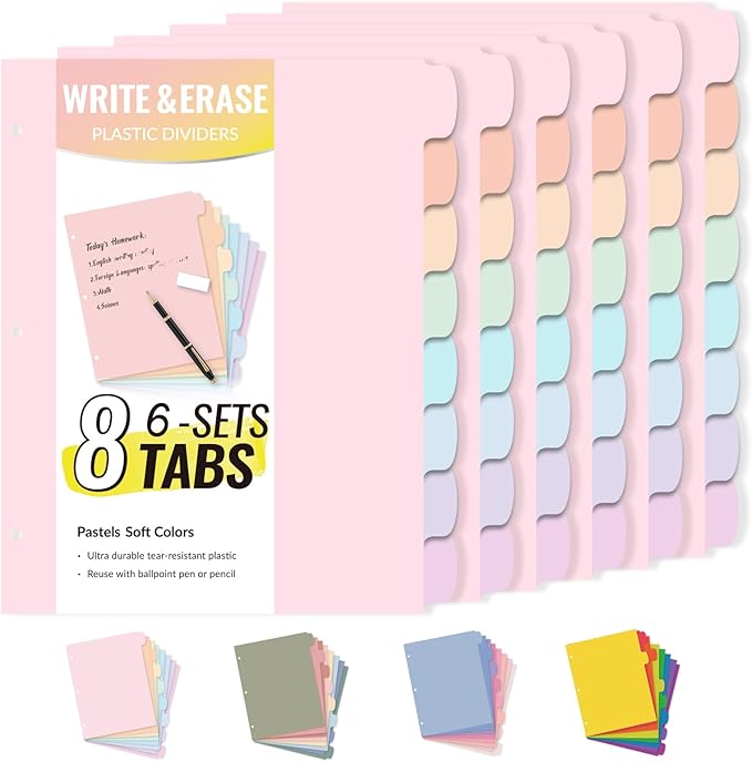Sooez 8 Tabs Long-Lasting Plastic Write & Erase Large Tabs Dividers by Sooez
