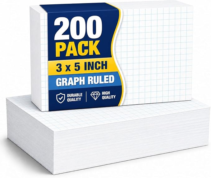 1InTheOffice Index Cards 3x5 Graph Ruled White, Grid Index Cards 200/Pack by 1InTheOffice