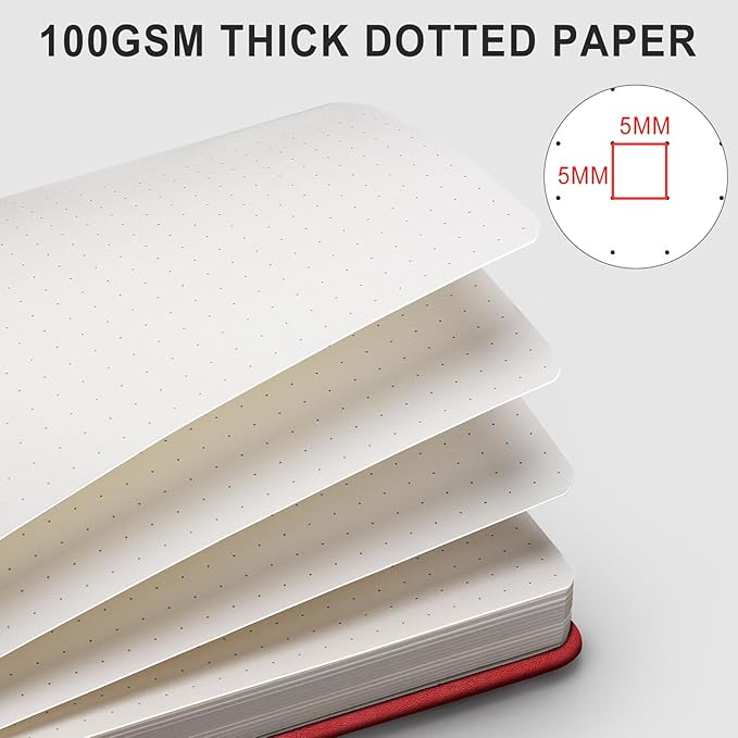 AHGXG Bullet Dotted Journal - 320 Numbered Pages Dot Grid Notebook A5 Thick Journal, 100gsm Thick Dotted Paper, Leather Hardcover,Inner Pocket, 5.75'' × 8.38'' - Red-DeskLoop Office