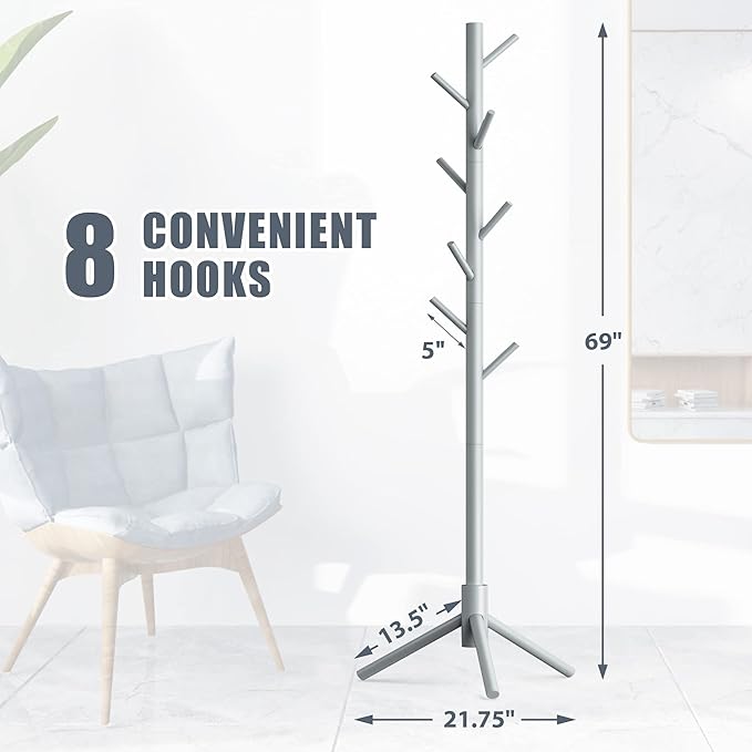 Haddockway Wooden Coat Rack Stand with 8 Hooks New Zealand Pine 3 Adjustable Coat Standing Tree Easy Assembly for Coats, Hats, Scarves and Handbags for Entryway, Hallway, Bedroom, Office-DeskLoop Office