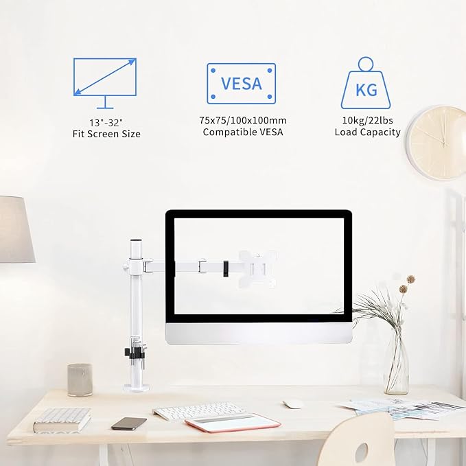 Suptek Single Monitor Arm Desk Mount Fully Adjustable Monitor Stand for 1 / One Screen up to 13" to 32" Extra Tall 15.75 inch Pole,VESA 75x75mm or 100x100mm,White (MD9421W)-DeskLoop Office