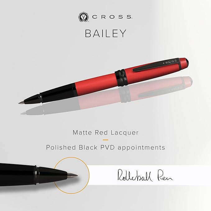 Cross Bailey Refillable Rollerball Pen Presented in a Premium Gift Box - Medium Point, Black Ink, Matte Red-DeskLoop Office