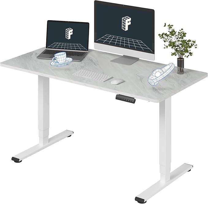 FLEXISPOT E6 Essential 3 Stages Dual Motor Electric Standing Desk 55x28 Inch Whole-Piece Board Height Adjustable Electric Sit Stand Desk（White Frame + Grey Wood Grain Desktop, 2 Packages）-DeskLoop Office