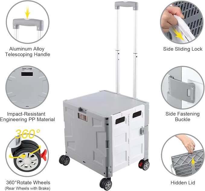 FELICON Folding Utility Cart Rolling Crate Handcart Basket Tote-Gray+White | - Image 2