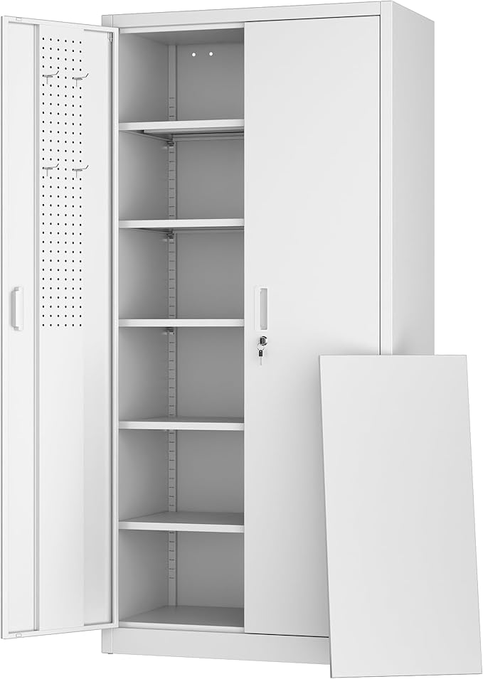 Aobabo Upgraded 71" H×34" W×18" D Metal Garage Storage Cabinet with Pegboards, Lockable Steel Cabinet with 5 Adjustable Shelves and 4 Hooks for Garage, Home, Office, White,Assembly Required-DeskLoop Office