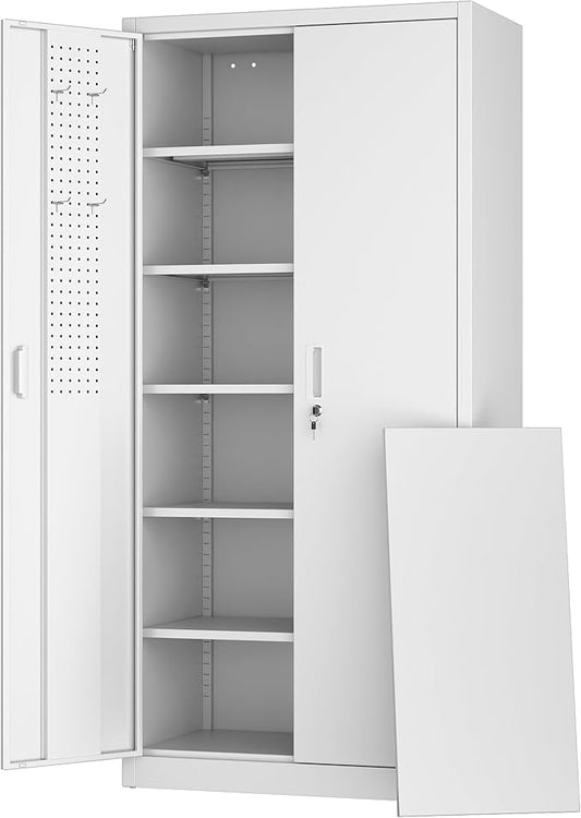 Aobabo Upgraded 71" H×34" W×18" D Metal Garage Storage Cabinet with Pegboards, Lockable Steel Cabinet with 5 Adjustable Shelves and 4 Hooks for Garage, Home, Office, White,Assembly Required-DeskLoop Office