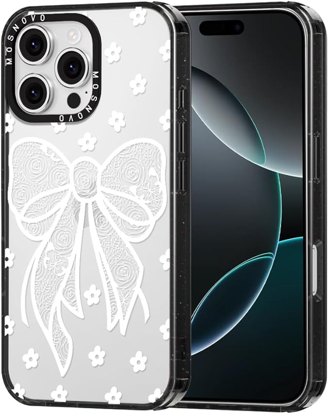 MOSNOVO Case for iPhone 16 Pro Max, [10ft 4X Military-Grade Drop Protection] Durable & Shockproof Phone Case Cover Design for iPhone 16 Pro Max - Lacey Bow - Clear Black-DeskLoop Office