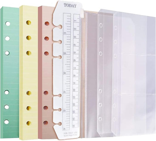 Chris.W A6 Refills - 3 Pack 40 Sheets Colorful Ruled Binder Paper, 3 Pcs Binder Pockets, 1 Page Marker - 6 Hole Notebook Inserts