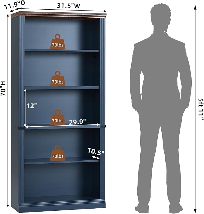RWYHG 70" Blue Tall Bookshelf, 5-Tier Thick Wooden Book Shelf - Image 2