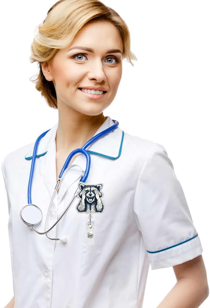 Cute Raccoon Retractable Reel Badge ID Card Clip Acrylic Badge Holder with 360°Rotation Rotundity Metal Alligator Clip Designs Nursing Name Tag for Nurse Doctor Office Worker Accessories-DeskLoop Office