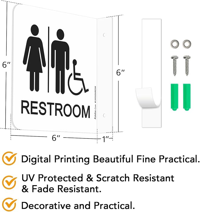Faittoo Restroom Sign, Bathroom Signs, 2 Pack 6 x 6 Inches Acrylic Sign - Image 2